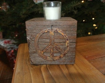 Peace Sign - Reclaimed Wood Votive Candleholder