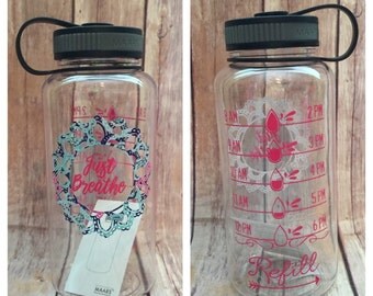 Just breathe water tracker bottle, Sports wide mouth water bottle,gym bottle, pattern print vinyl