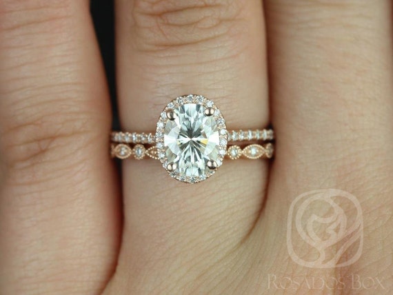 Rebecca 8x6mm & Ultra Petite Bead Eye 14kt Rose Gold Oval F1- Moissanite and Diamond Halo Wedding Set (Other metals and stones available)