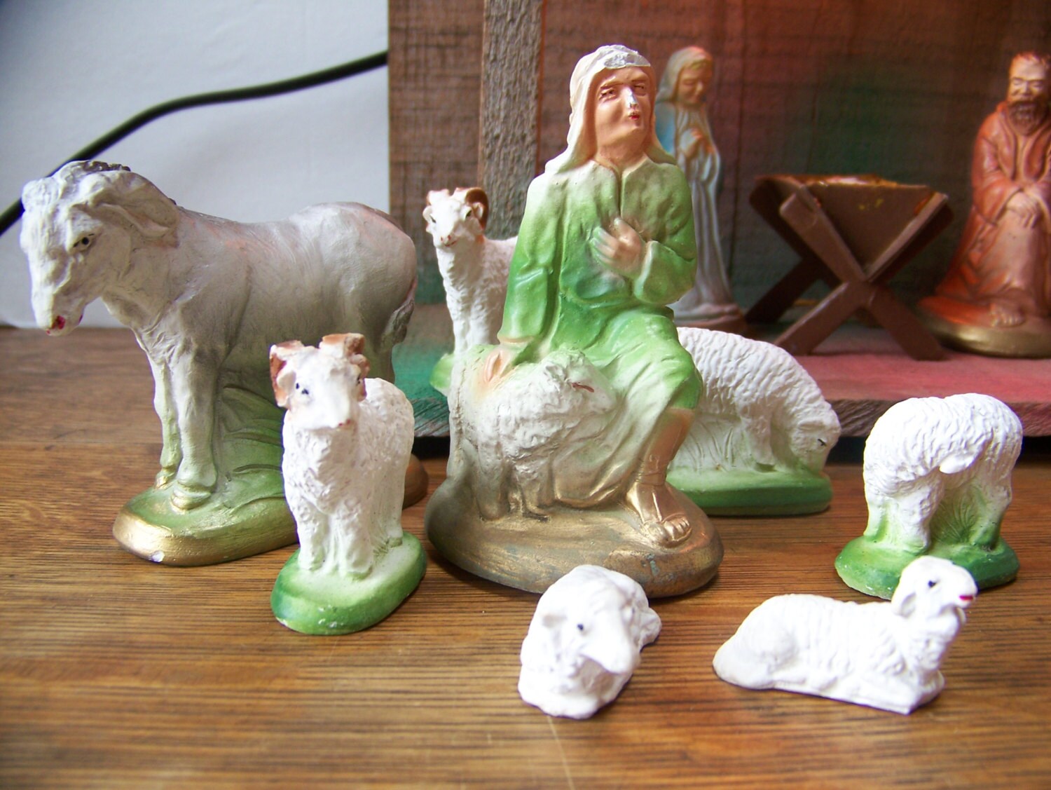 Antique Chalkware Nativity Scene with Lighted Wooden