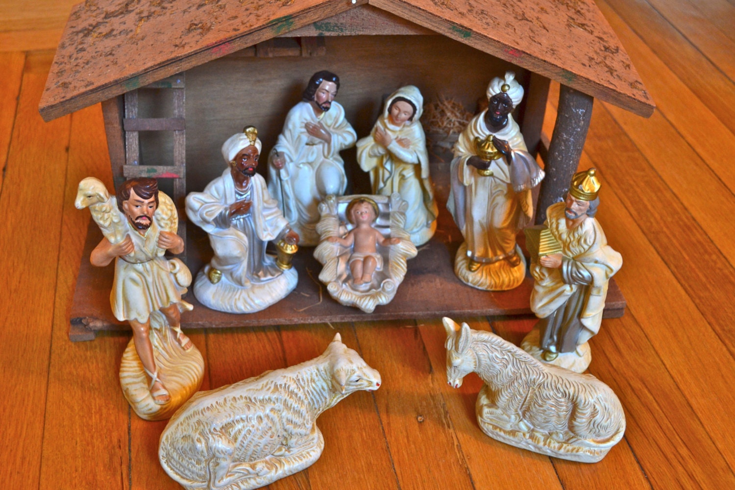 Large Nativity Set with Manger. Made in Japan Plaster
