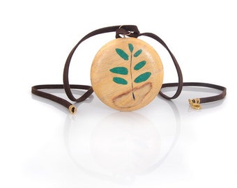 Wood Pendant with Green Malachite Leaves and Stem - Natural Green