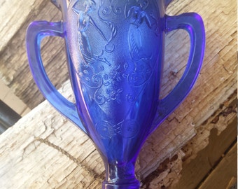 SALE Vintage Vase/Spooner, Cobalt Blue, Glass, Dancing Nymphs, Trophy Shape, Victorian Style