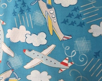 Plane fabric, airplanes fabric By the yard Aqua blue kids fabric cotton quilt fabric helicopters clouds jets baby fabric 44/43 inch wide