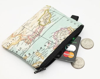 Coin purse, small zipper pouch, padded change purse - vintage world map