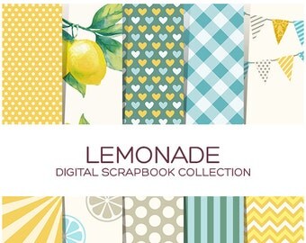 Digital Paper Pack Blue Plaid Digital Paper Yellow Polka Dot Digital Paper Chevron Paper Lemon Clipart Lemonade Clipart Wedding - C00030