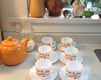 Acropal Floral Milk Glass Cups and Saucers (7)
