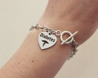Diabetic bracelet, silver medical alert bracelet for diabetes, stainless steel, medical alert jewelry, diabetes charm