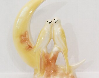 Vintage Lovebirds on Crescent Moon Porcelain Figurine 50s 1950s Yellow and White with Brown Colors