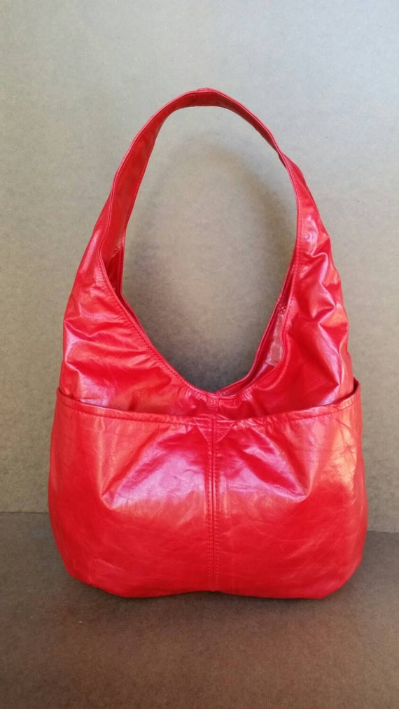 Slouchy Red Leather Hobo Purse With Outside Pockets