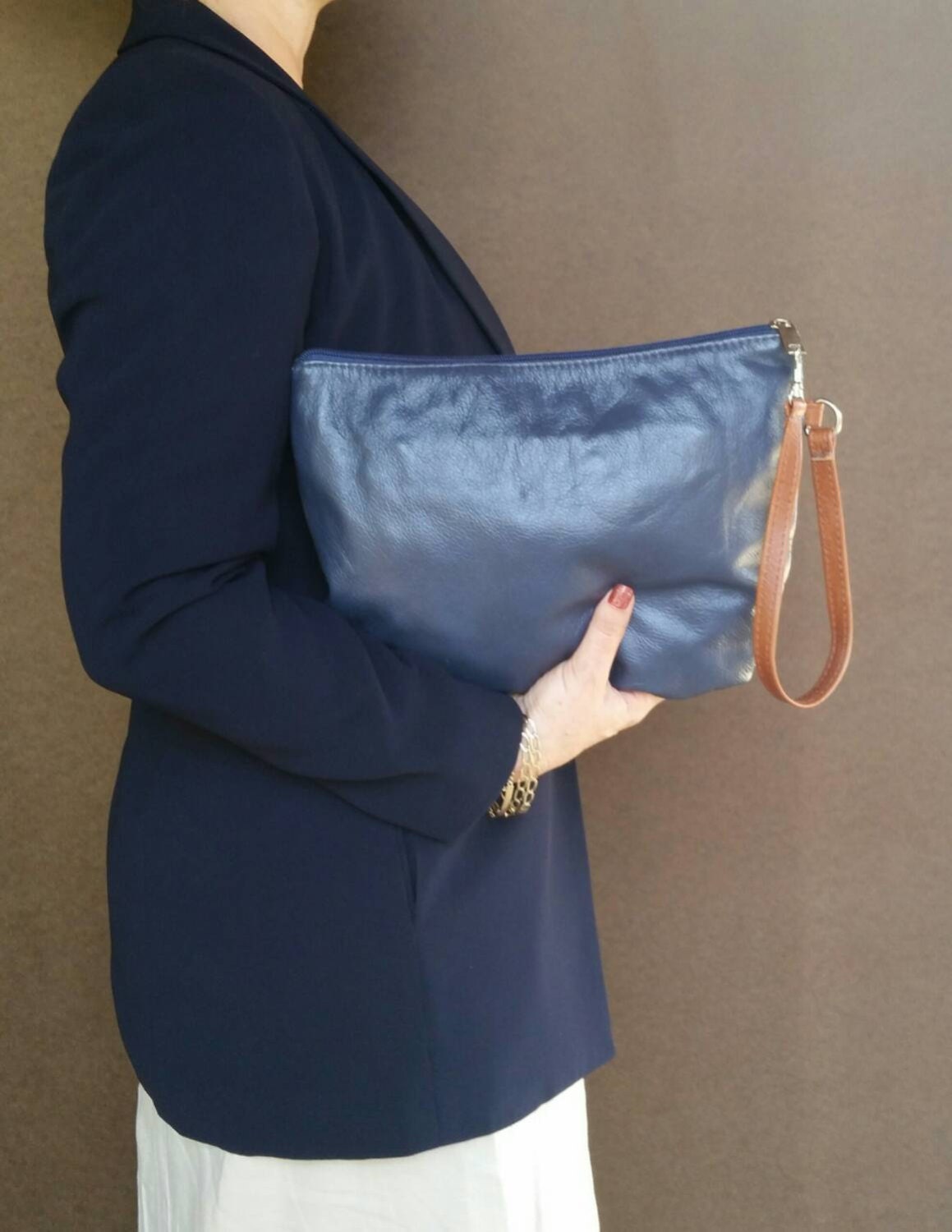 Blue Leather Clutch Bag Wristlet Pouch Purse Trendy Pouch