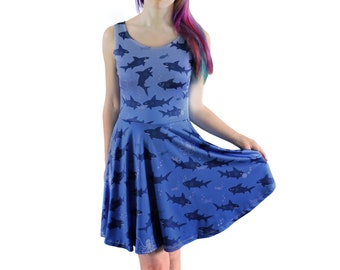 Shark Attack Dress - Size 6 to 18-20 - Skater Dress - Shark Dress - Sharks - Party Dress - Cute Clothing - Blue Summer Dress - Cute/Kawaii