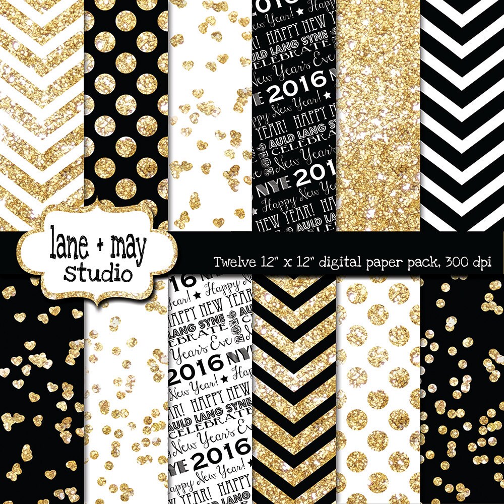 digital scrapbook papers black white and glitter gold 2016