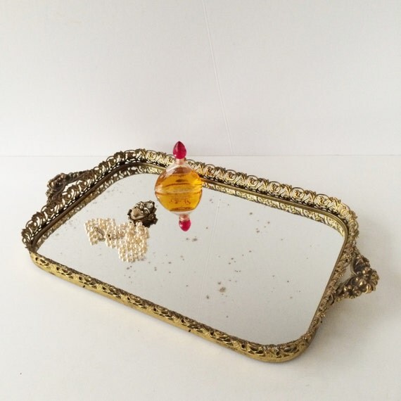 Vintage Mirror Vanity Tray Large Gold Filigree Tray for