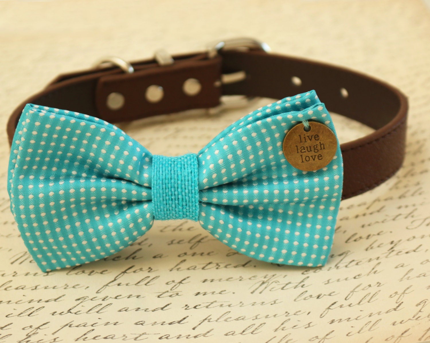 Blue Dog Bow Tie Bow attached to brown dog collar Live Laugh