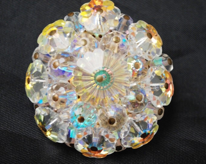 Rivoli Rhinestone Brooch - floral glass Crystal - Flower Bead cluster - Atomic - Mid Century - pin