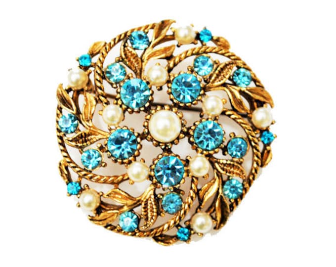 Blue Rhinestone and White Round Brooch Mid century gold floral Pin