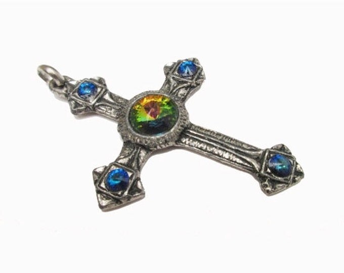 cross pendant - Green Yellow rivoli and blue rhinestone - Religious - Santa Maria