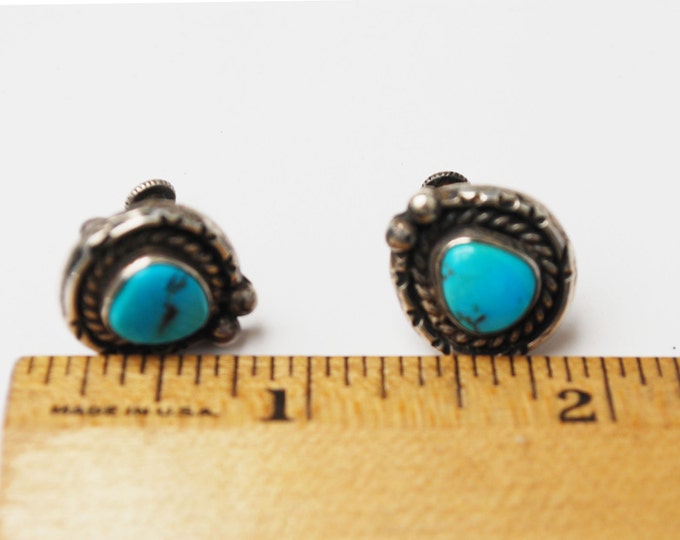 Native American Earrings - Sterling Turquoise - 40's Screw Backs Old Pawn