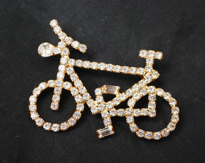 Rhinestone Bike Brooch - Clear crystal - gold tone -Two wheel bike pin