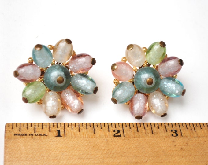 Pastel Flower Earrings - Crown Trifari - Pink Green and Blue Translucent lucite bead - Clip on Earrings - Mid Century