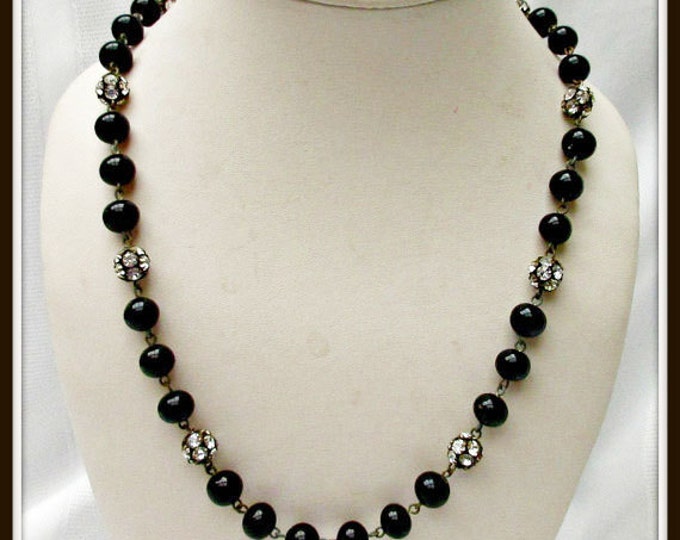 Black Glass bead Necklace - Rhinestone Rondelle - vintage silver crystal beads - 25 inches