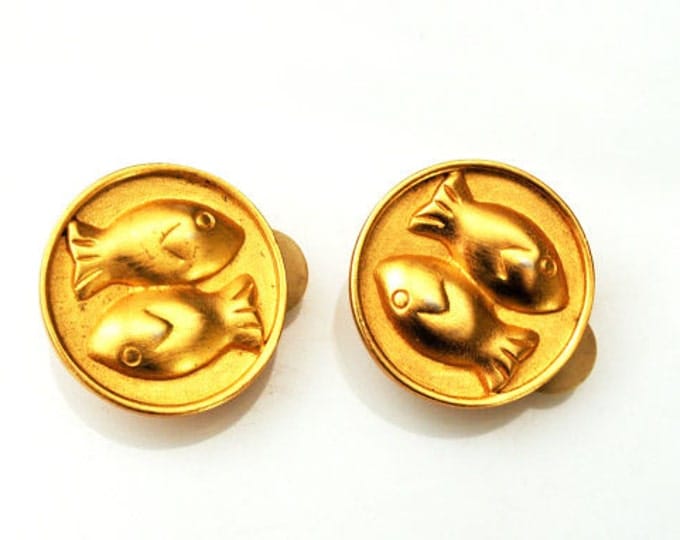 Fish Earrings - Signed Anne Klein - Gold Round - Clip on Earrings