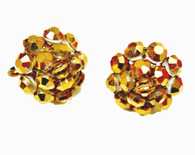 Vogue Signed earrings - metallic gold bead cluster - clip on earrings - Mid Century