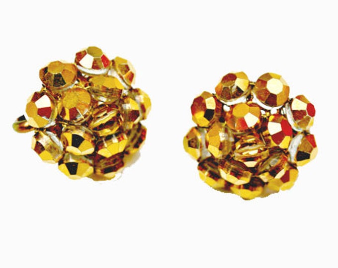 Vogue Signed earrings - metallic gold bead cluster - clip on earrings - Mid Century