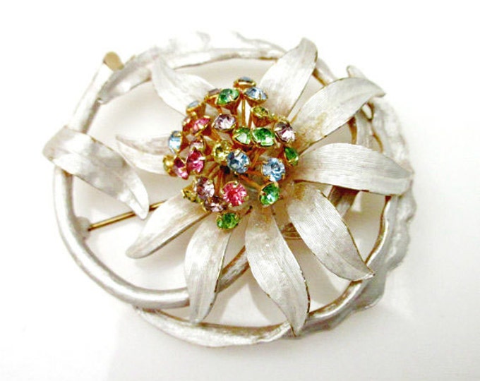 Enamel flower Brooch - white enamel on gold - colorful rhinestones -Floral pin