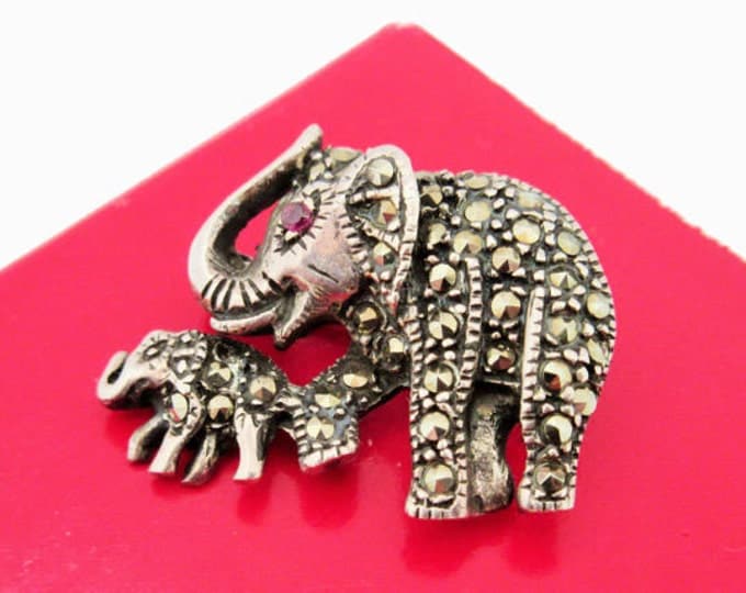 Sterling Elephant Brooch - silver marcasites - red eyes - mother and baby elephant pin