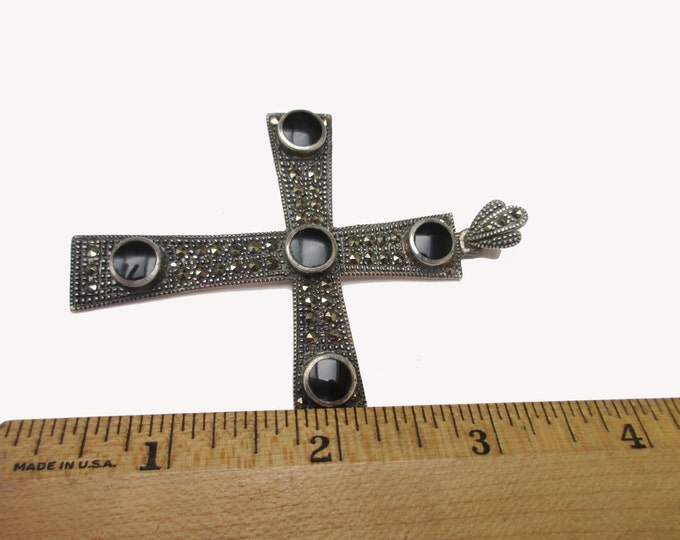 Sterling Cross Pendant - Marcasite - Black Onyx gemstone - Sterling silver Pendant