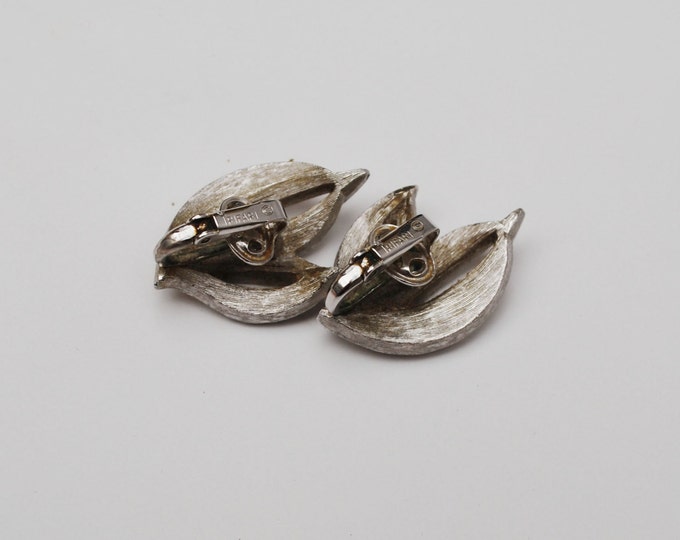 Crown Trifari Earrings Silver Swirl Leaf Mid Century clip on