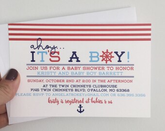Nautical Baby Shower Invitation, Ahoy Its a Boy Invite, Boy Nautical with Anchor Baby Shower Invite