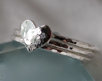 Rustic Heart Ring Hammered Band Set of Three Sterling Silver Hand Cut Heart Stacking Ring Eco Friendly Recycled Silver