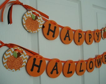 Happy Halloween Banner, Halloween Decor, Paper Halloween Banner, Halloween Pumpkin Bunting, Halloween Decoration, Pumpkin Garland, Orange