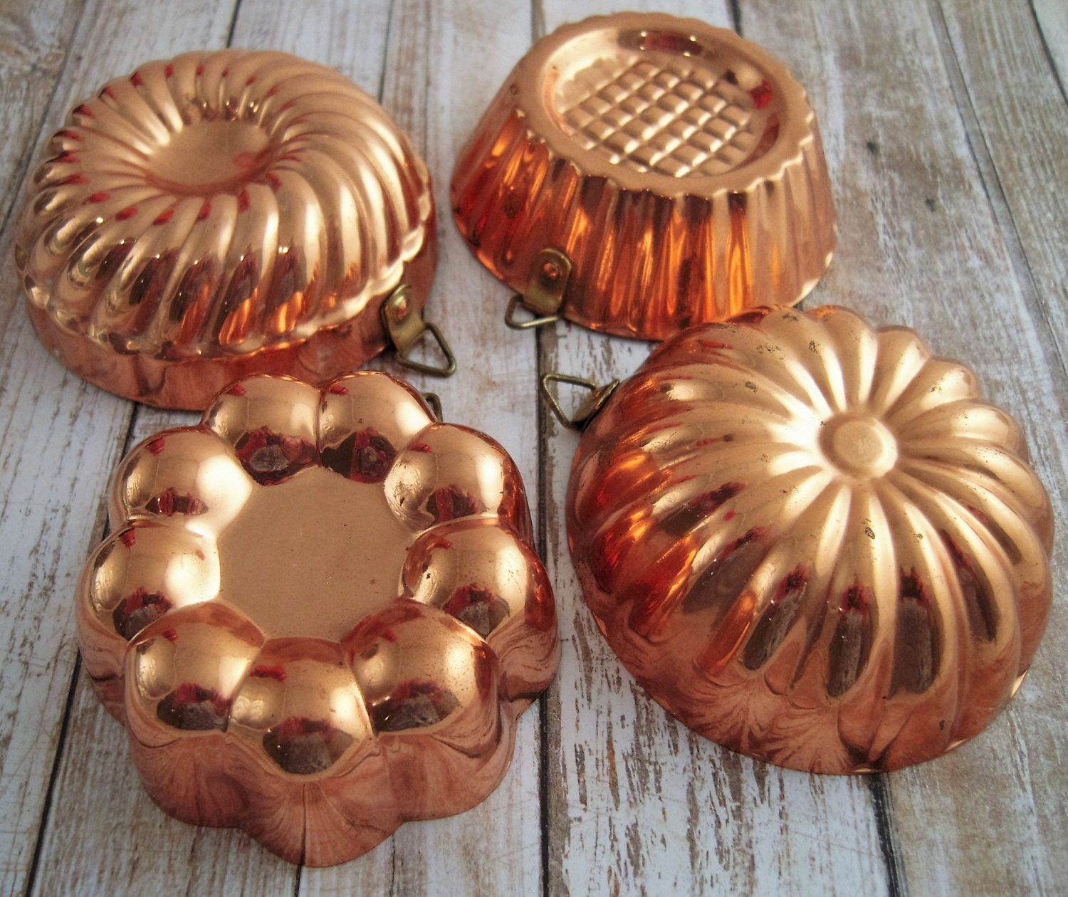 4 Vintage Small Copper Tin Molds Jello Baking Kitchenware