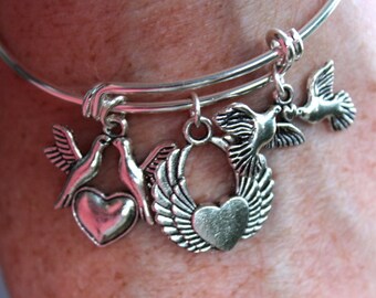 Lovely Adjustable Silver Plated Bracelet with Heart and Dove Charms