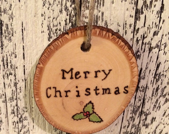 Merry Christmas wood ornament with mistletoe, Rustic wooden Christmas ornament, wood burned ornament