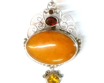 Vintage Large Sterling Amethyst Amber Jasper Citrine Pendant