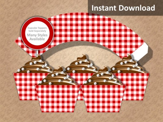 Crimson Red Gingham Cupcake Wrappers, Farm Party Decorations, Country Party Decorations, Printable, Instant Download Il_570xn