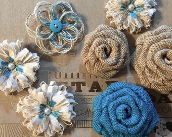 Shabby Chic Burlap Flower Assortment - Choose Accent Color