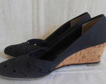 Vintage Wedge Cork Shoes in Navy Blue Evan Picone