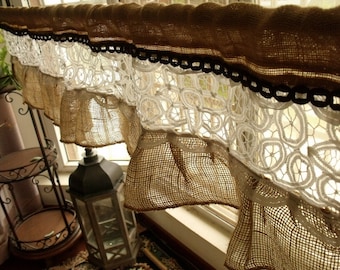 Custom Burlap Vintage Lace Valance -Shabby Chic Rustic window treatments Kitchen Valance RUFFLED Curtain White