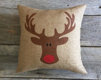 Burlap Rudolph Pillow Cover ONLY,Rudolph Pillow, burlap pillow,Christmas Pillow,red glitter pillow,deer pillow, antler pillow,