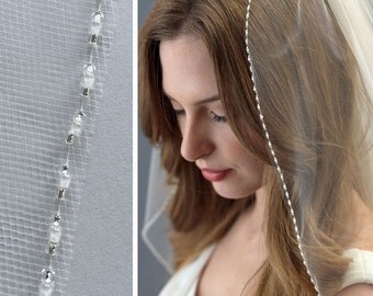 Beaded Wedding Veil, Bridal Veil with Beading, Beaded Edge Veil, Tulle Veil, Ivory Veil, White Veil, Bride Veil, 1 Layer Veil, Veil ~VB-5057