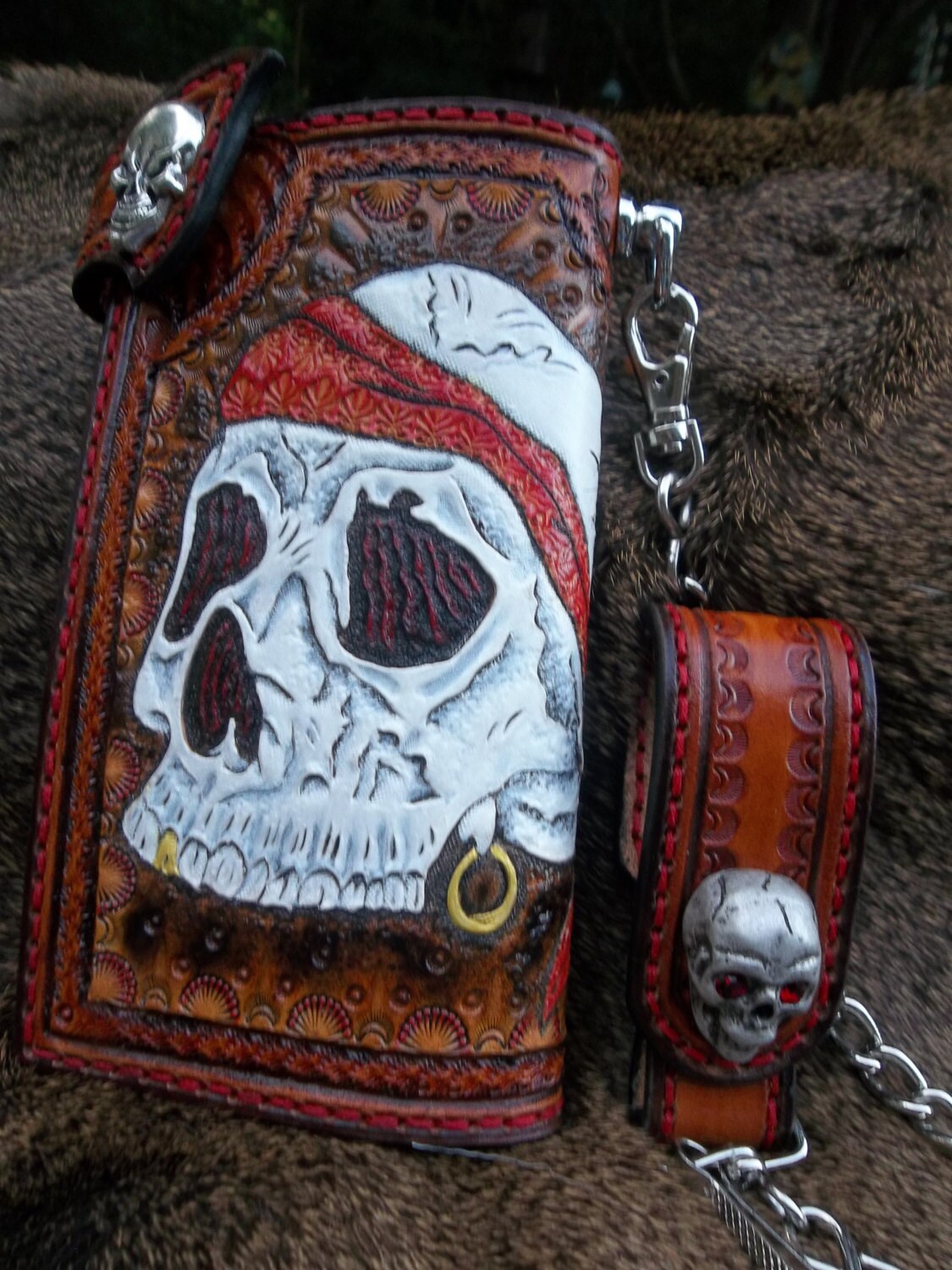 Western Swag Sugar Skull Chain Leather Wallet for Bikers and