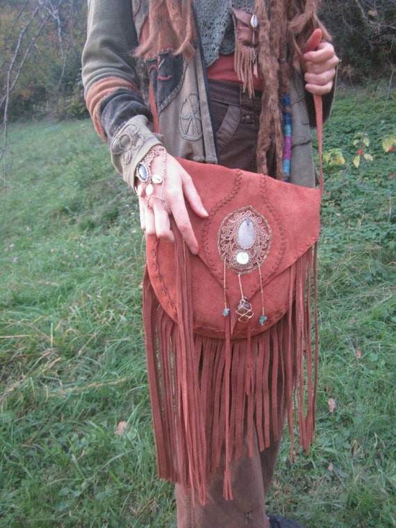 bohemian macrame fringe leather bag by inespu on Etsy