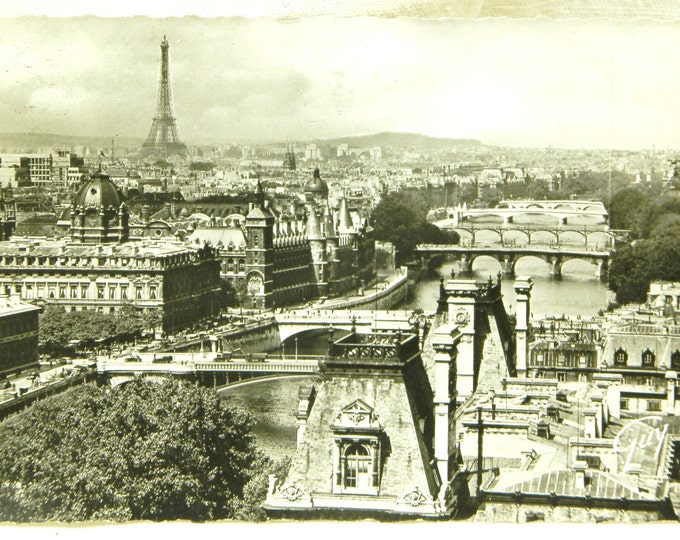 Mid Century French Black and White Postcard, Panoramic view of Paris and the Eiffel Tower / French Decor / Vintage Retro Home Interior