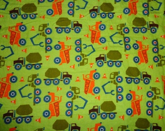 Green/Orange Construction/Truck Flannel Fabric by the Yard